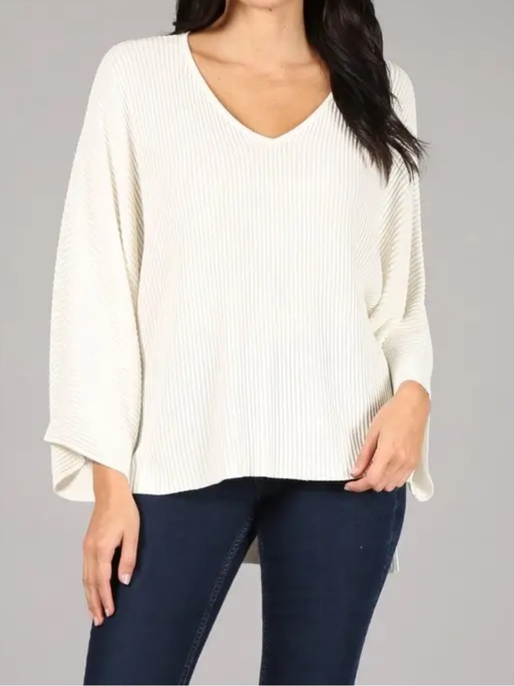Oceanus Cream Ribbed V-Neck High/Low Sweater - Picture 2 of 7